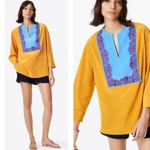 Tory Burch Silk Tunic Top Mustard Yellow & Blue Lace Bib Detail